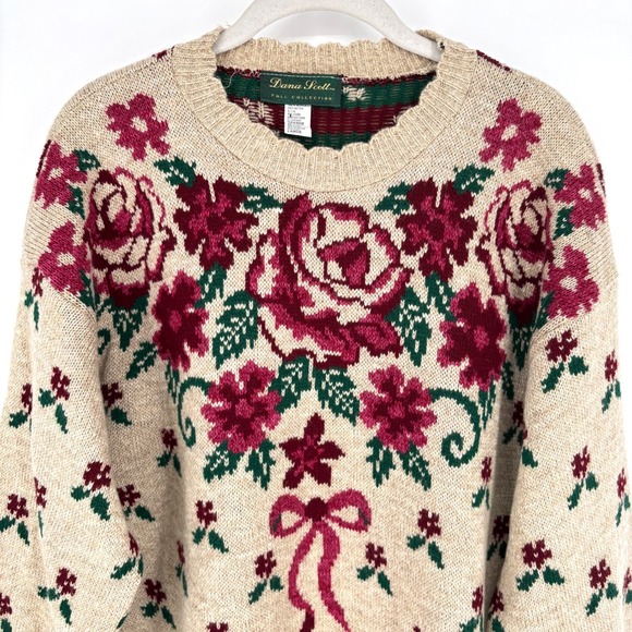 Vintage Dana Scott Pullover Sweater Knit Floral Bow Pattern Beige Red USA Size L - Picture 6 of 11